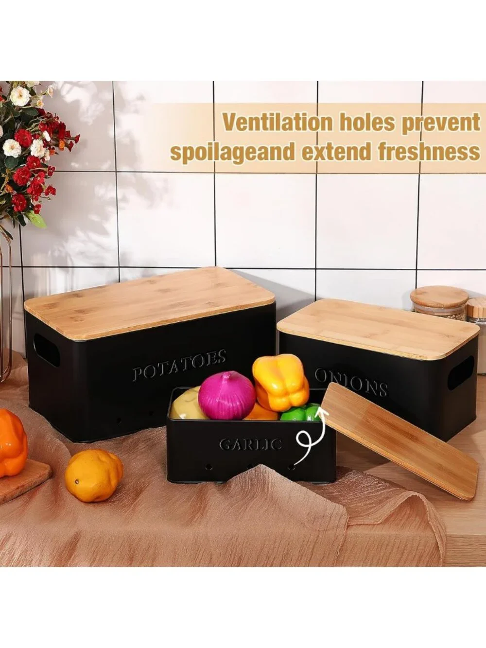 3-Piece Metal Storage Bins Set for Potatoes, Onions & Garlic - Stylish Black